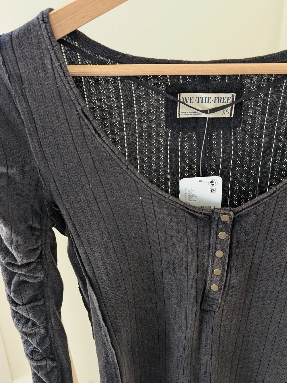 NWT Free People Ruched Sleeve Pointelle Henley Top In Washed Black - XS